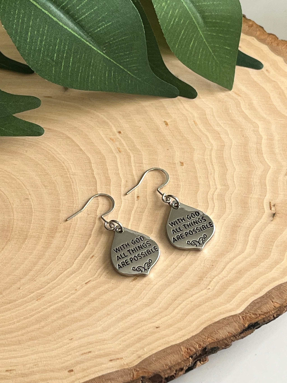 With God All Things Are Possible Silver Drop Earrings Religious
