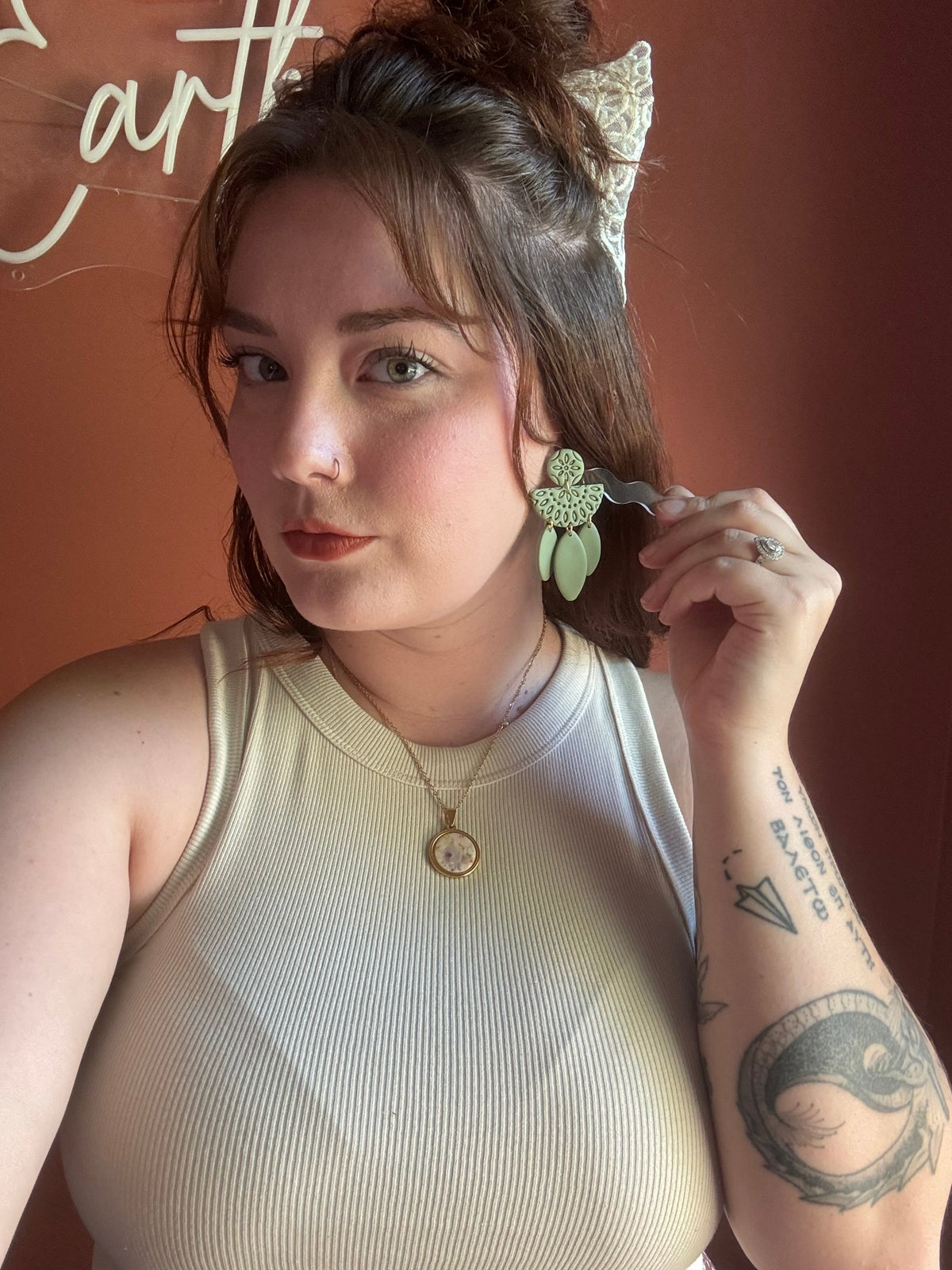 Willow Spring Green Polymer Clay Statement Earrings - Image 2