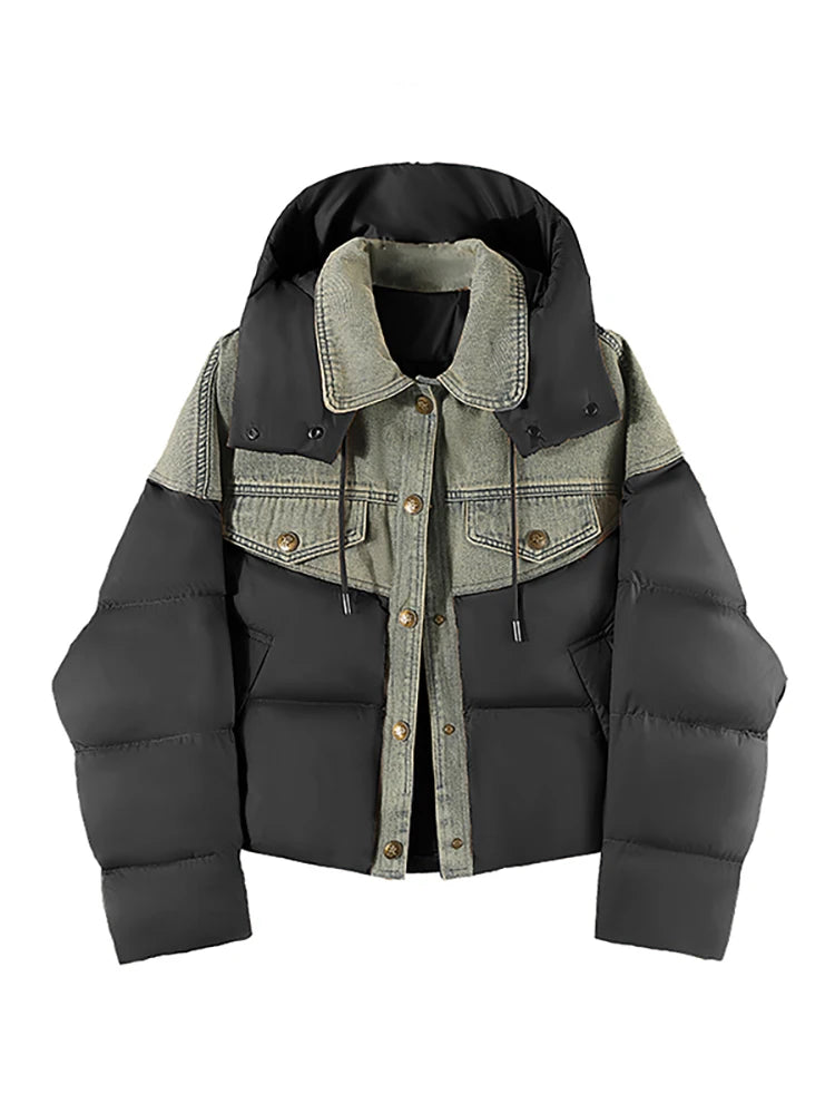 Women's Harajuku Patchwork Denim & Puffer Hooded Jacket - Image 2