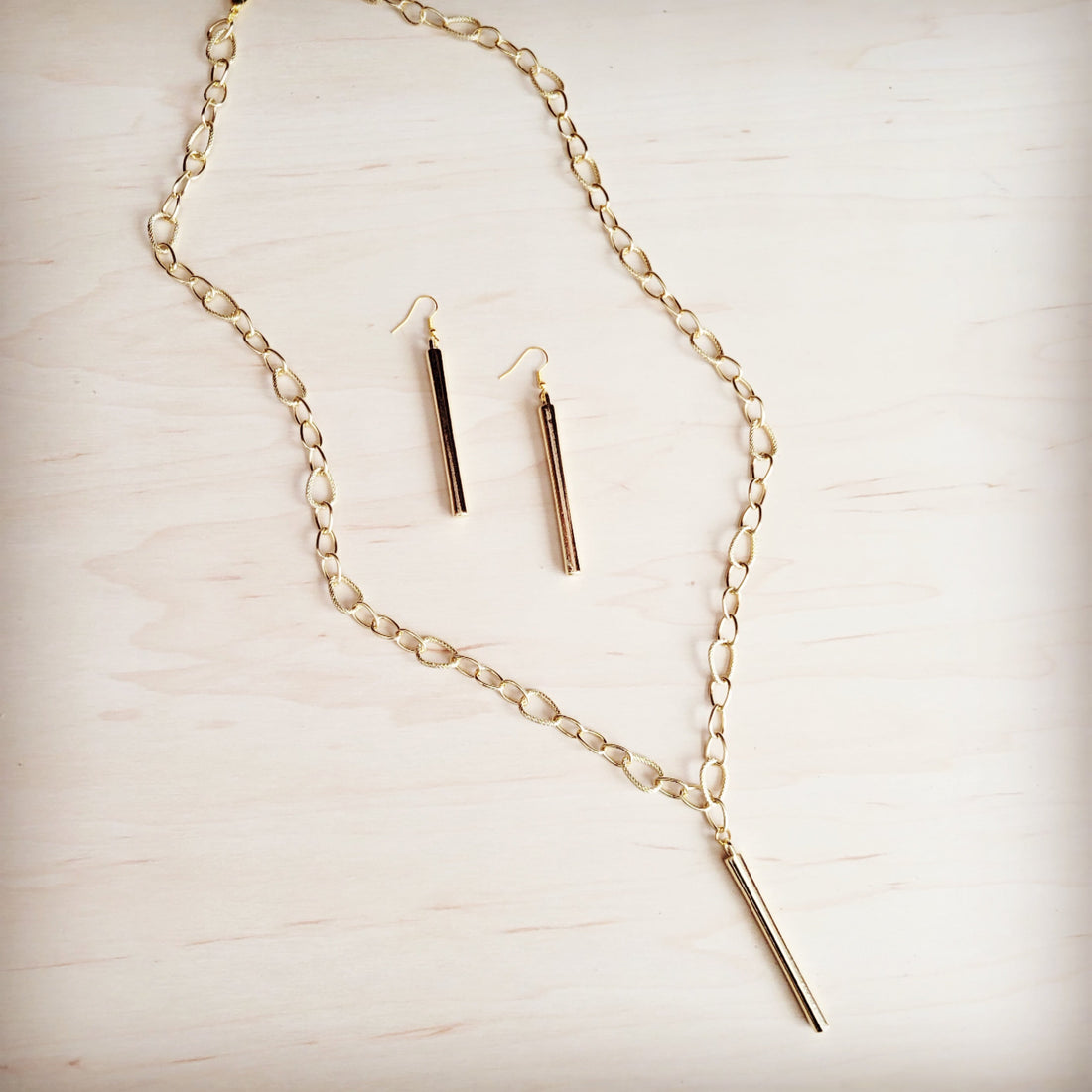 Gold-Tone Long Link Chain Necklace with Modern Bar Pendant - Image 2