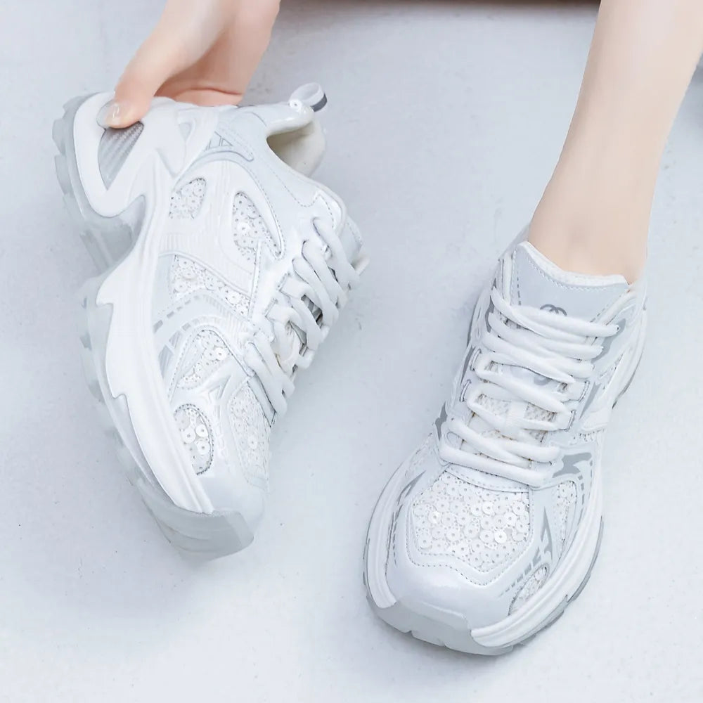 White Silver Sequined Platform Lace-Up Chunky Sneakers - Image 2
