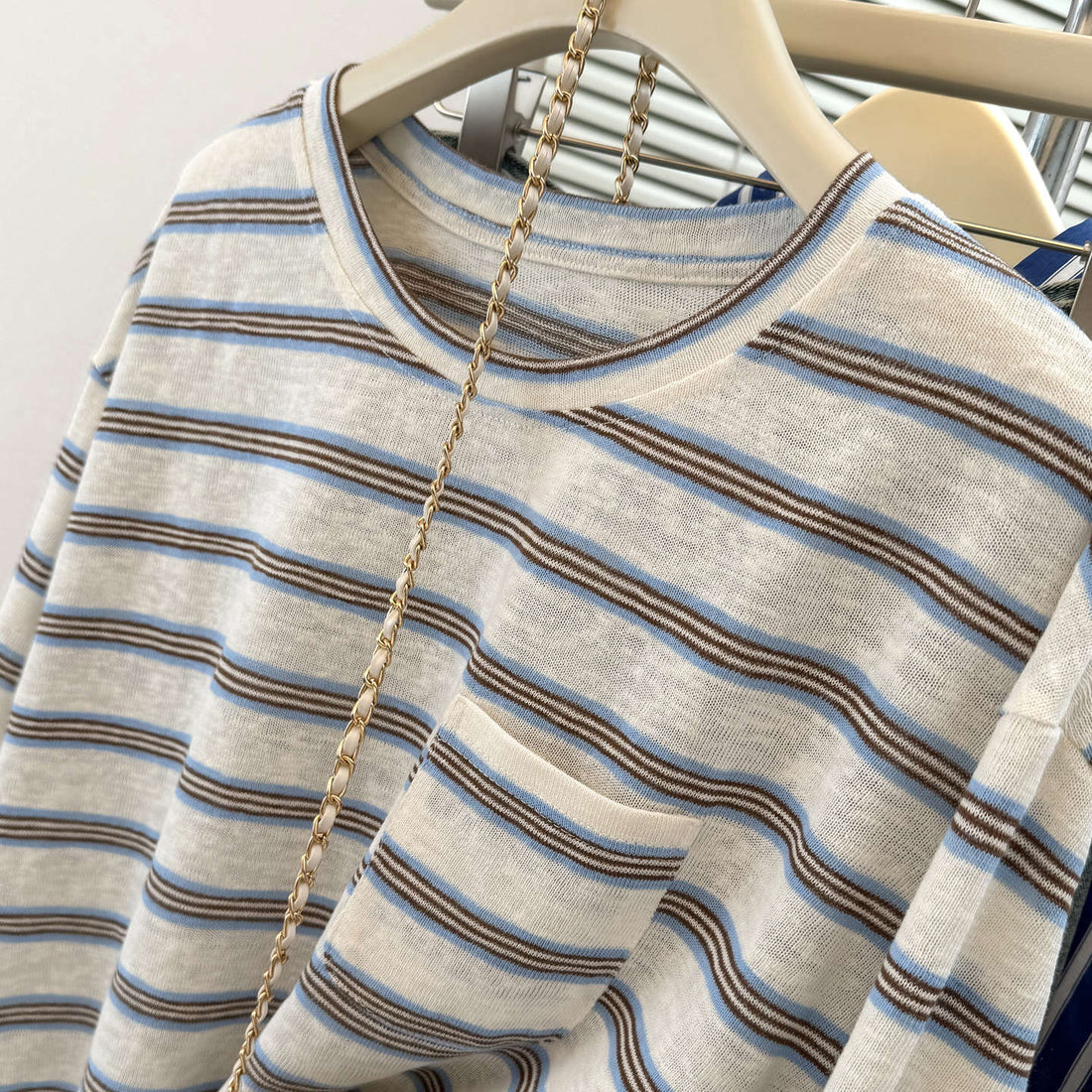 Women's Striped Long Sleeve T-Shirt with Chest Pocket - Image 4