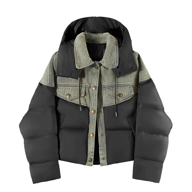 Women's Harajuku Patchwork Denim & Puffer Hooded Jacket - Image 7