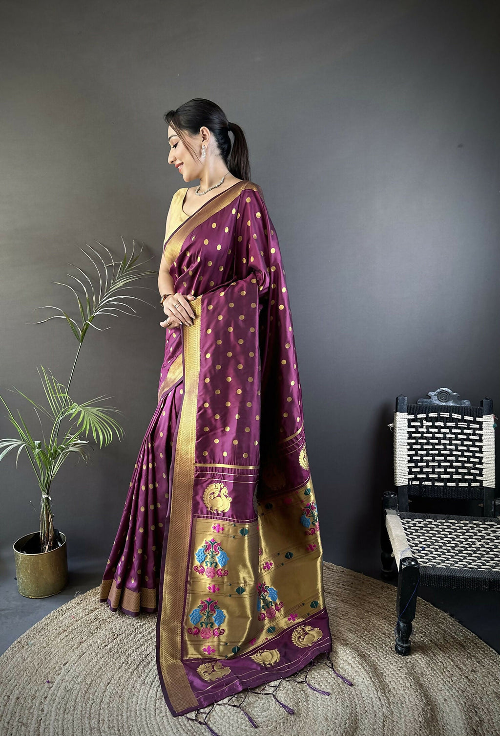 Wine Polka Dot Lichi Silk Paithani Saree with Matching Blouse