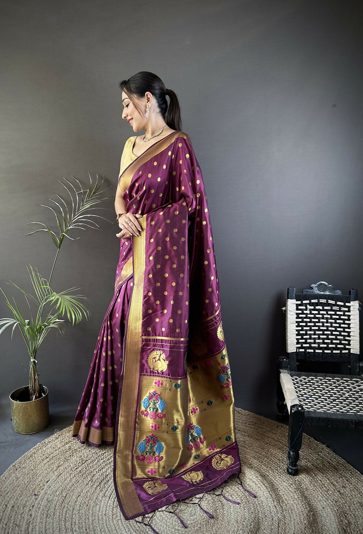 Wine Polka Dot Lichi Silk Paithani Saree with Matching Blouse