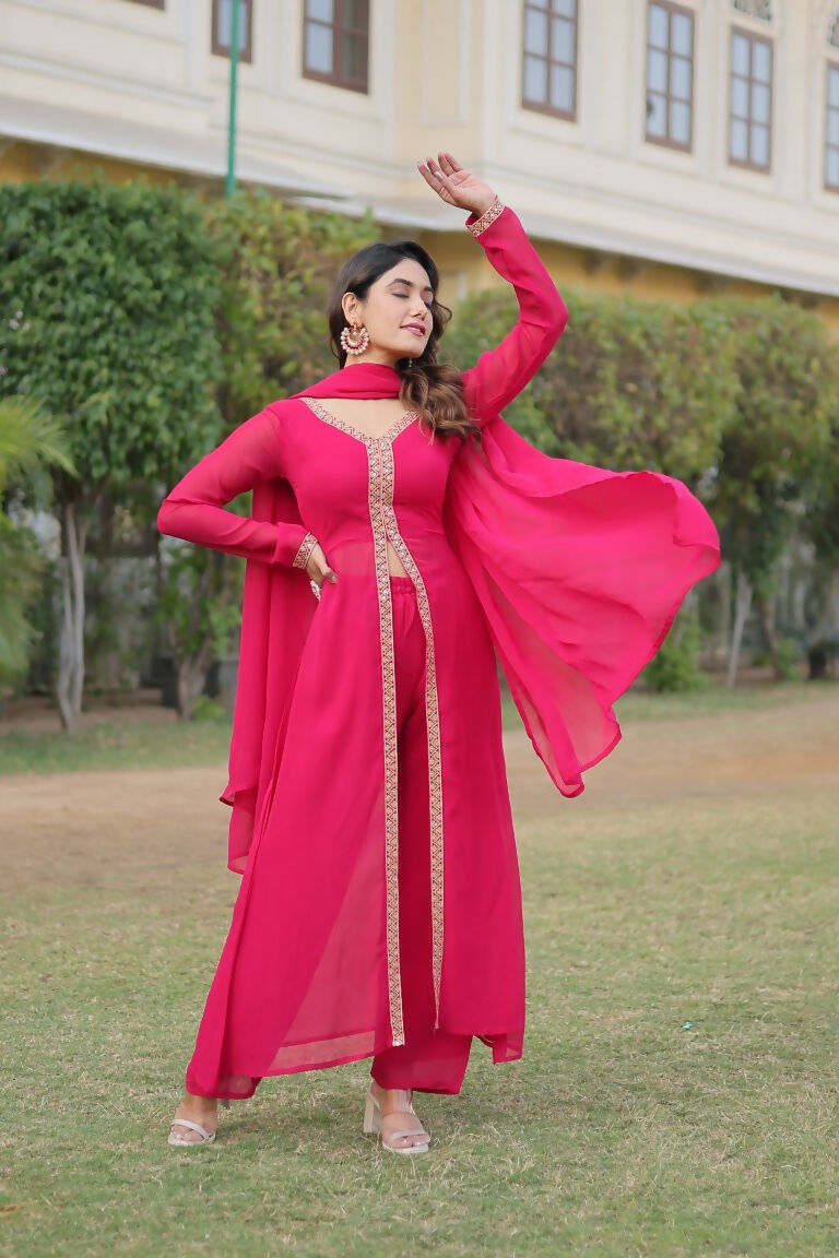 Jyoti Fashion Women's Pink Faux Blooming Embroidered Kurta with Trouser & Dupatta