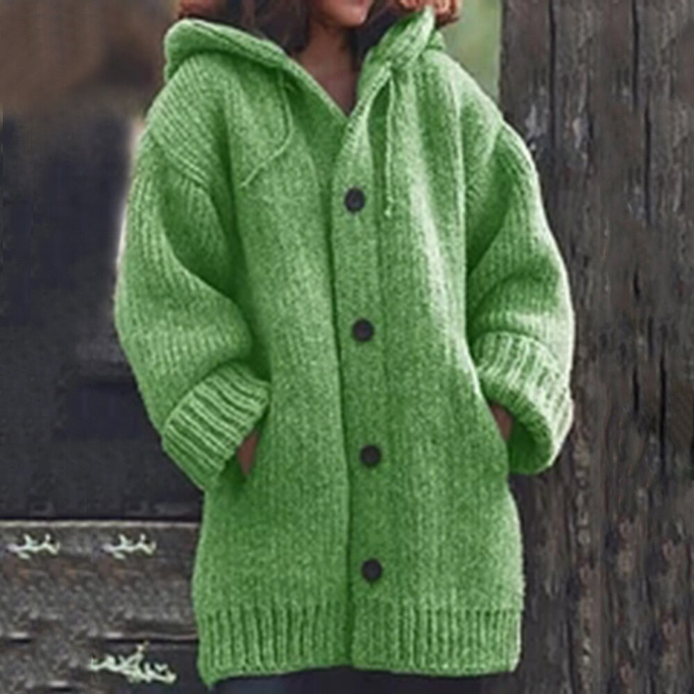 Women's Hooded Knitted Cardigan Cozy Button Up Long Sleeve Sweater - Image 7