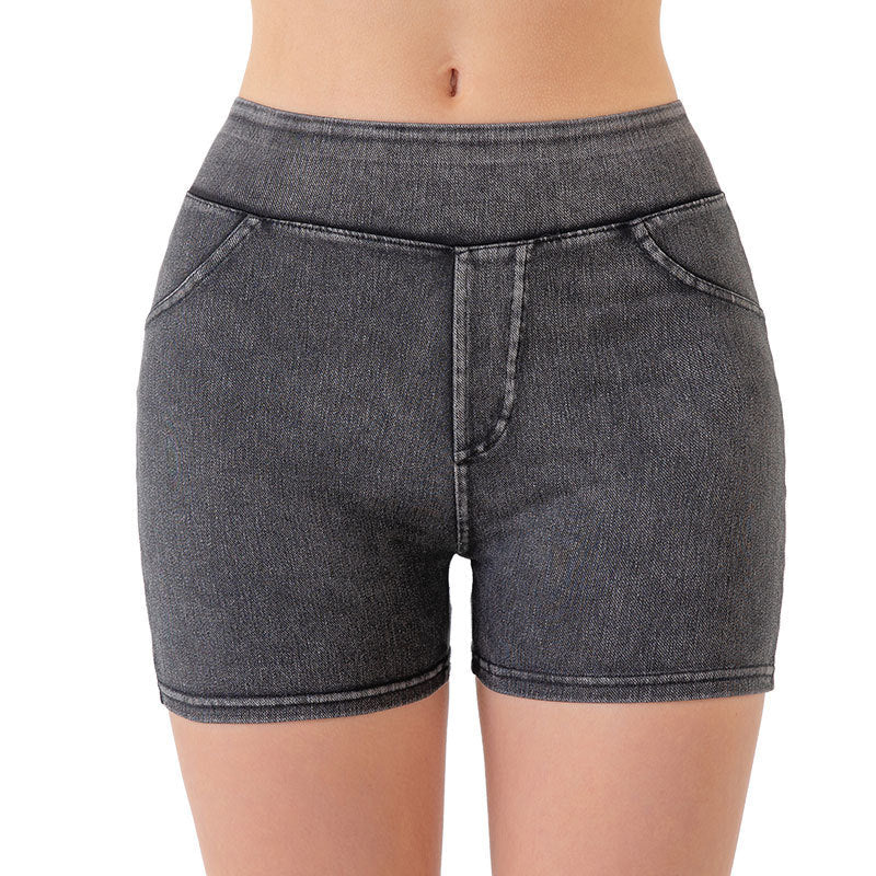 Denim-Look High-Waist Hip-Lifting Yoga Shorts Tummy Control
