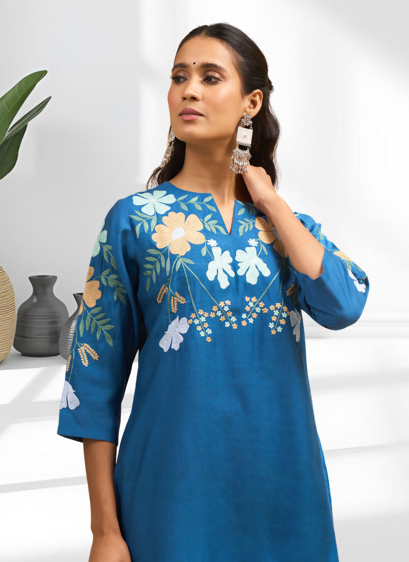 Teal Silk Embroidered Readymade Cord Set for Women