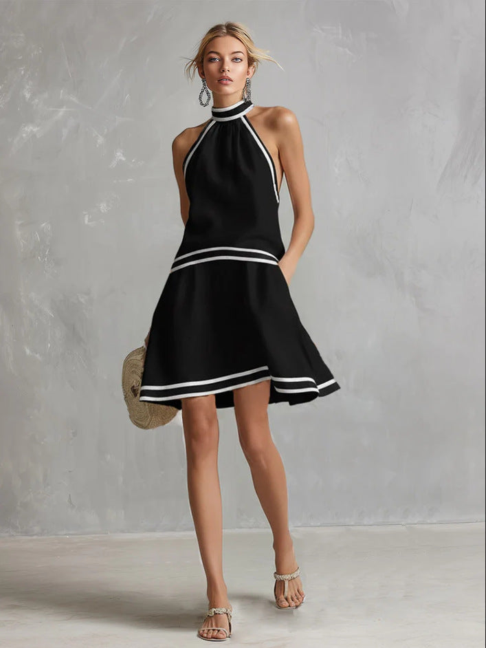 Striped Trim Choker Neck Sleeveless Mini Dress for Women