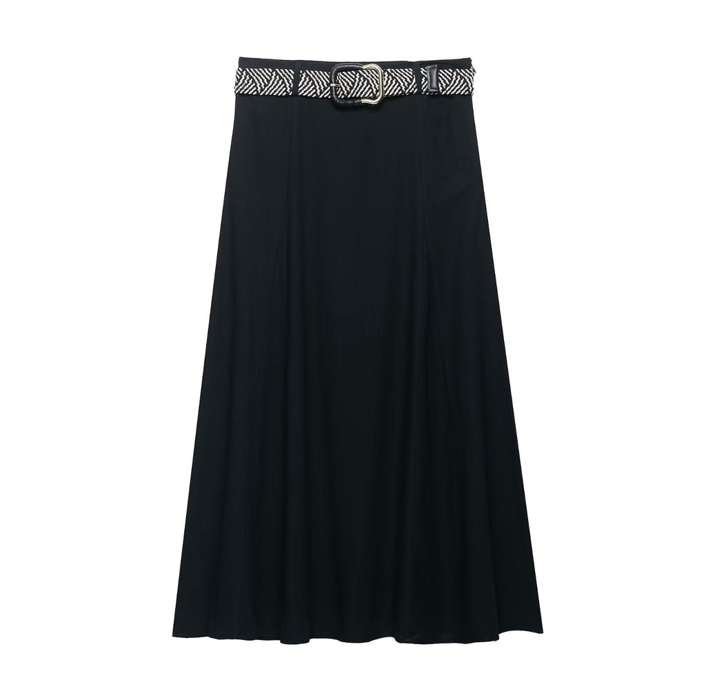Black A-line midi skirt with a slim fit and a black and white patterned fabric belt featuring a gold buckle, styled for Harajuku fashion.