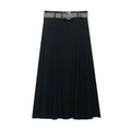 Black A-line midi skirt with a slim fit and a black and white patterned fabric belt featuring a gold buckle, styled for Harajuku fashion.