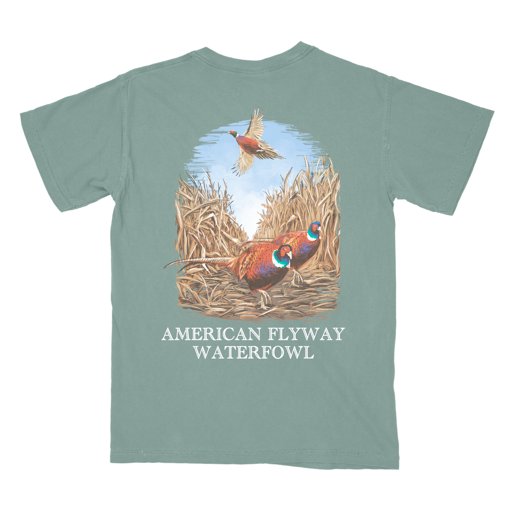 Field & Flush graphic tee in sage-green and ivory cotton featuring a flying pheasant design.