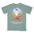 Field & Flush graphic tee in sage-green and ivory cotton featuring a flying pheasant design.