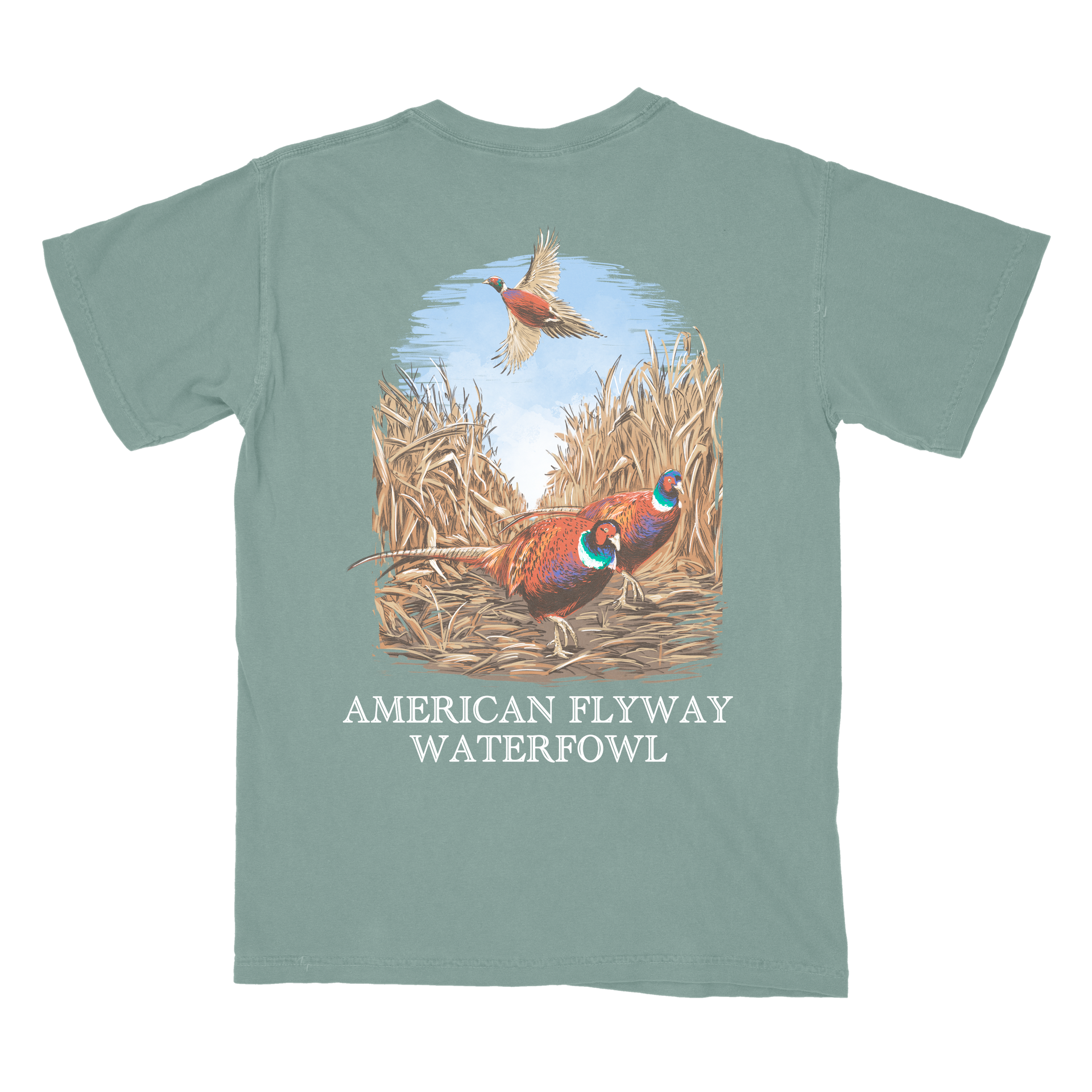 Field & Flush graphic tee in sage-green and ivory cotton featuring a flying pheasant design.
