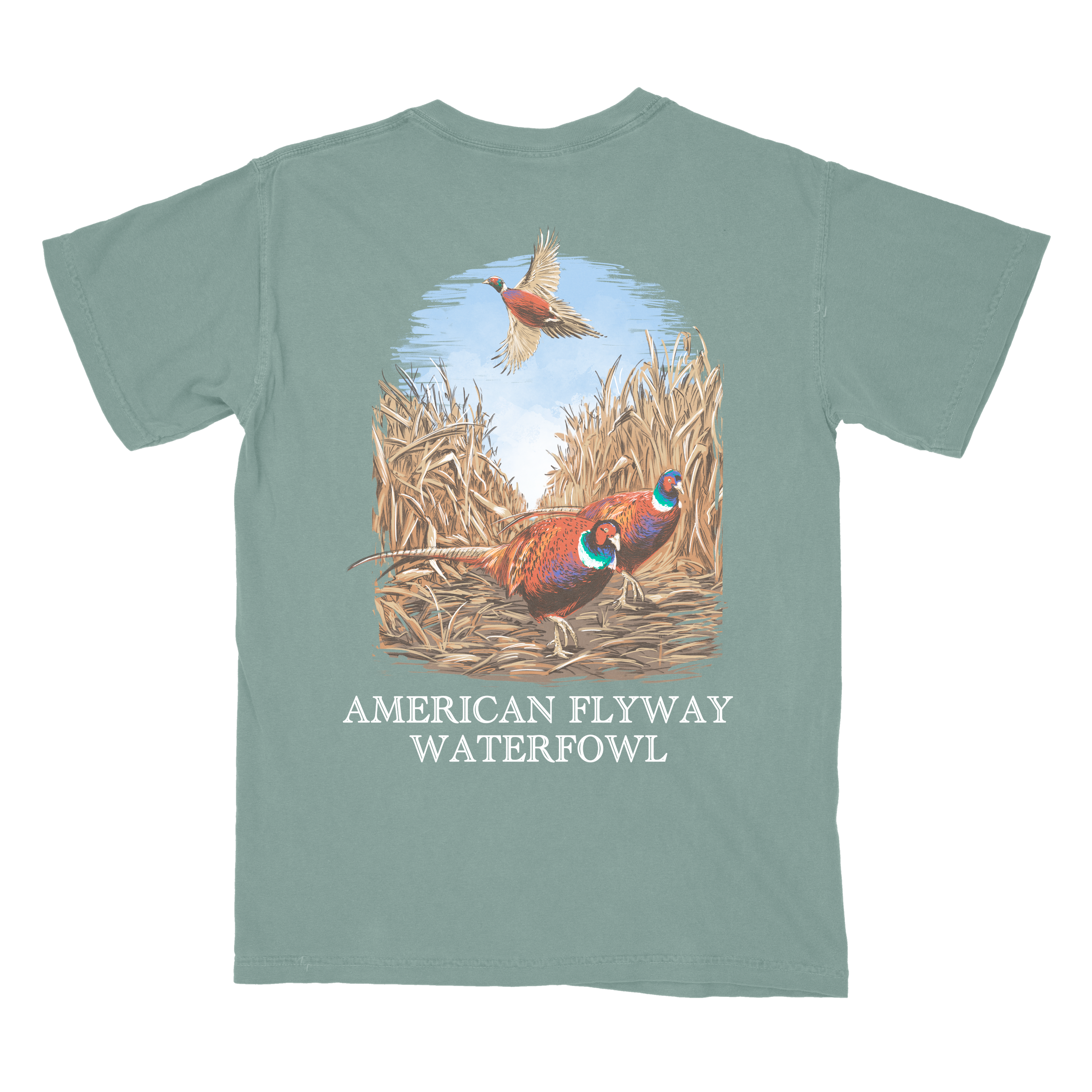 Field & Flush graphic tee in sage-green and ivory cotton featuring a flying pheasant design.