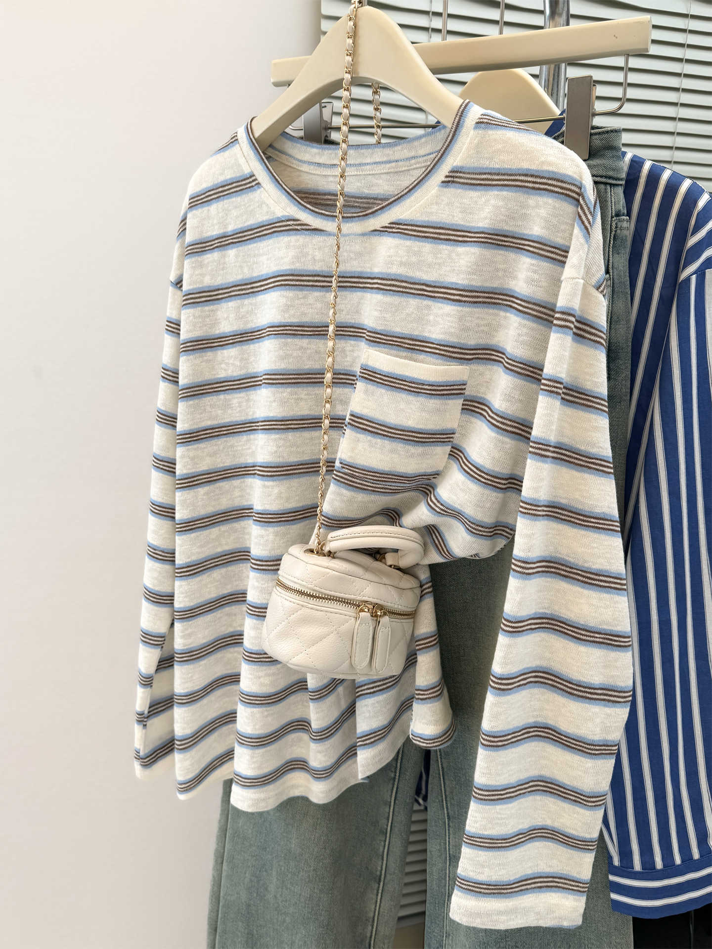 Women's Striped Long Sleeve T-Shirt with Chest Pocket - Image 6