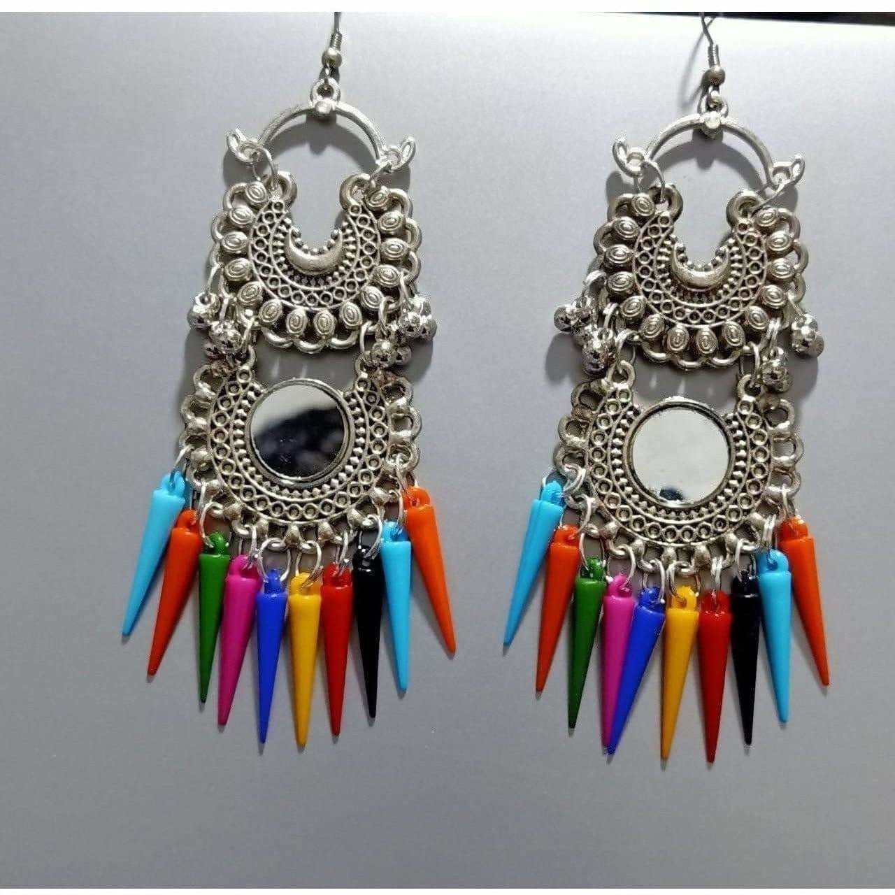 Double tier Chandbali earrings with multicolor cone pearls and tassel hooks