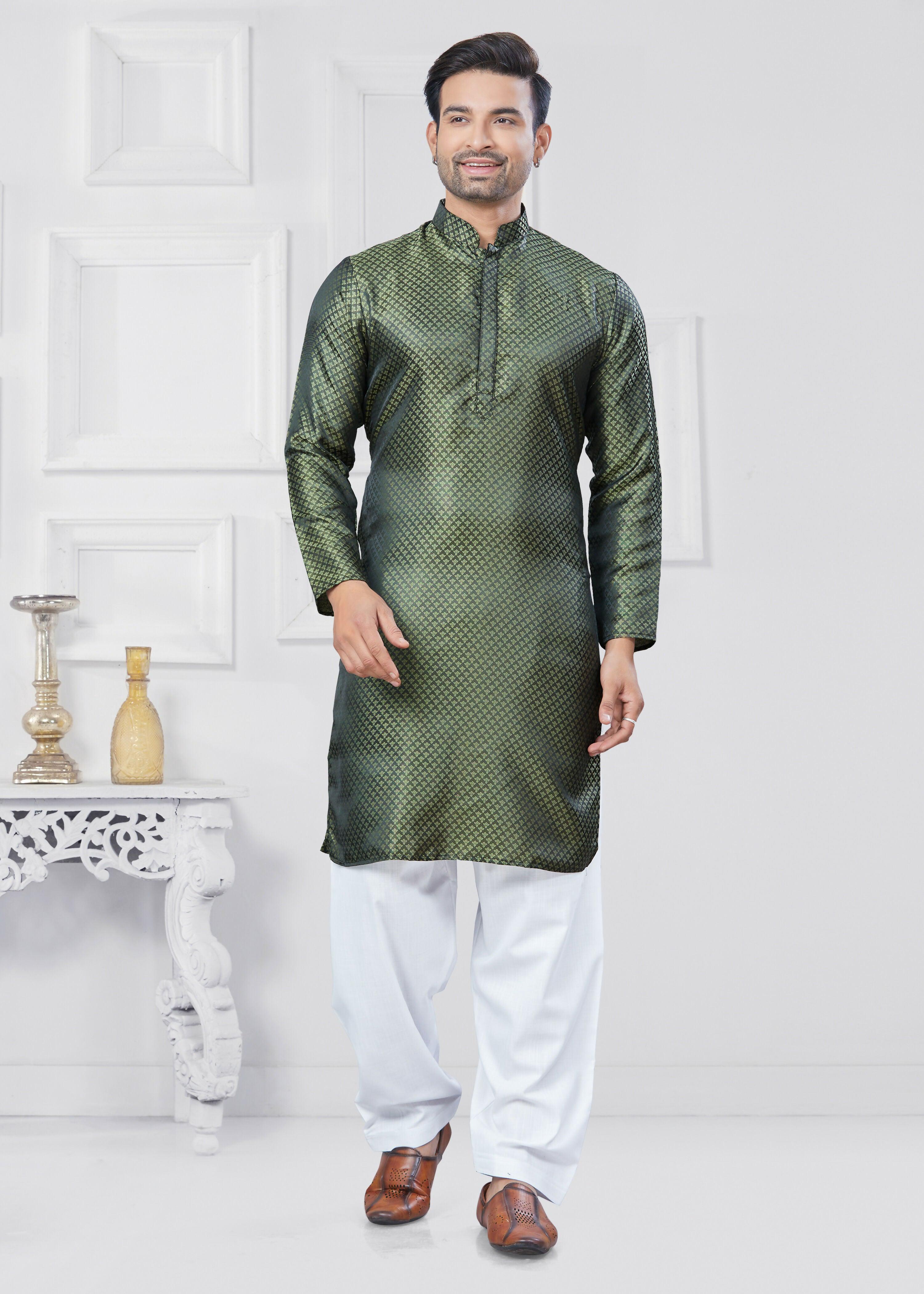 Men's green Jacquard Silk kurta pyjama set with printed pattern