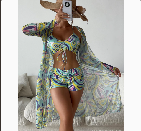 Three-Piece Bikini Set with Sheer Mesh Cover-Up and Briefs