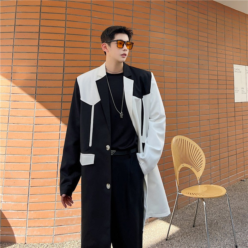 Women's Black & White Contrast Loose Casual Trench Coat - Image 4