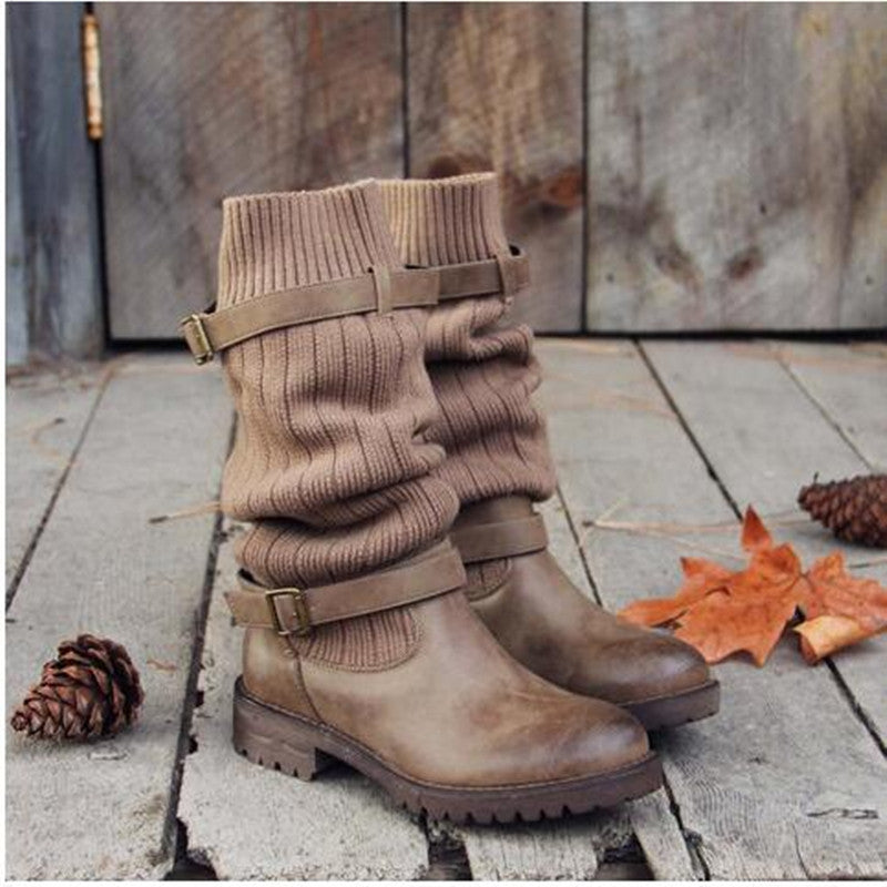 Women's Slouchy Faux Leather Knit Cuff Combat Boots
