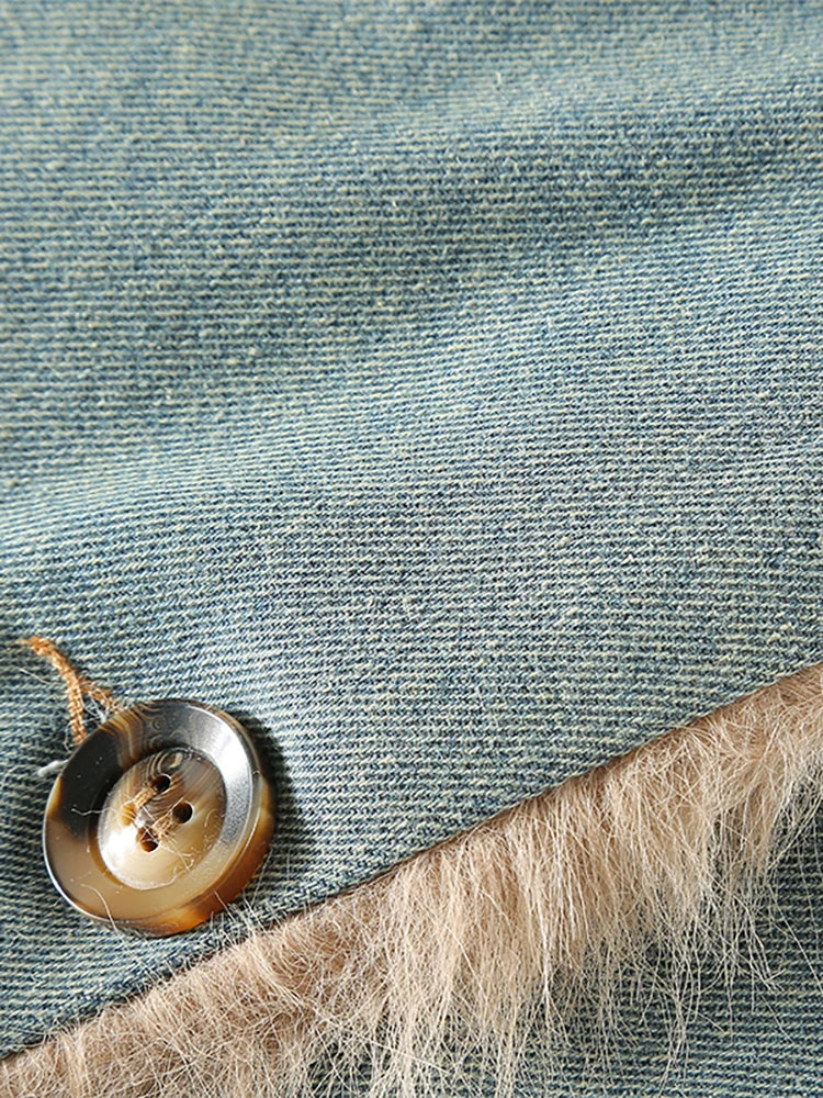 Women's Harajuku Plush-Lined Denim Coat with Buckle Details - Image 4