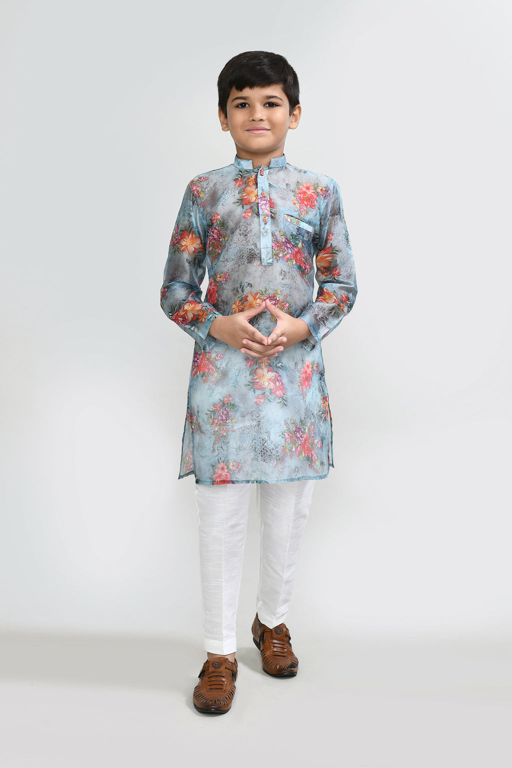 Sea Green Georgette Kurta Set with White Straight Fit Pants