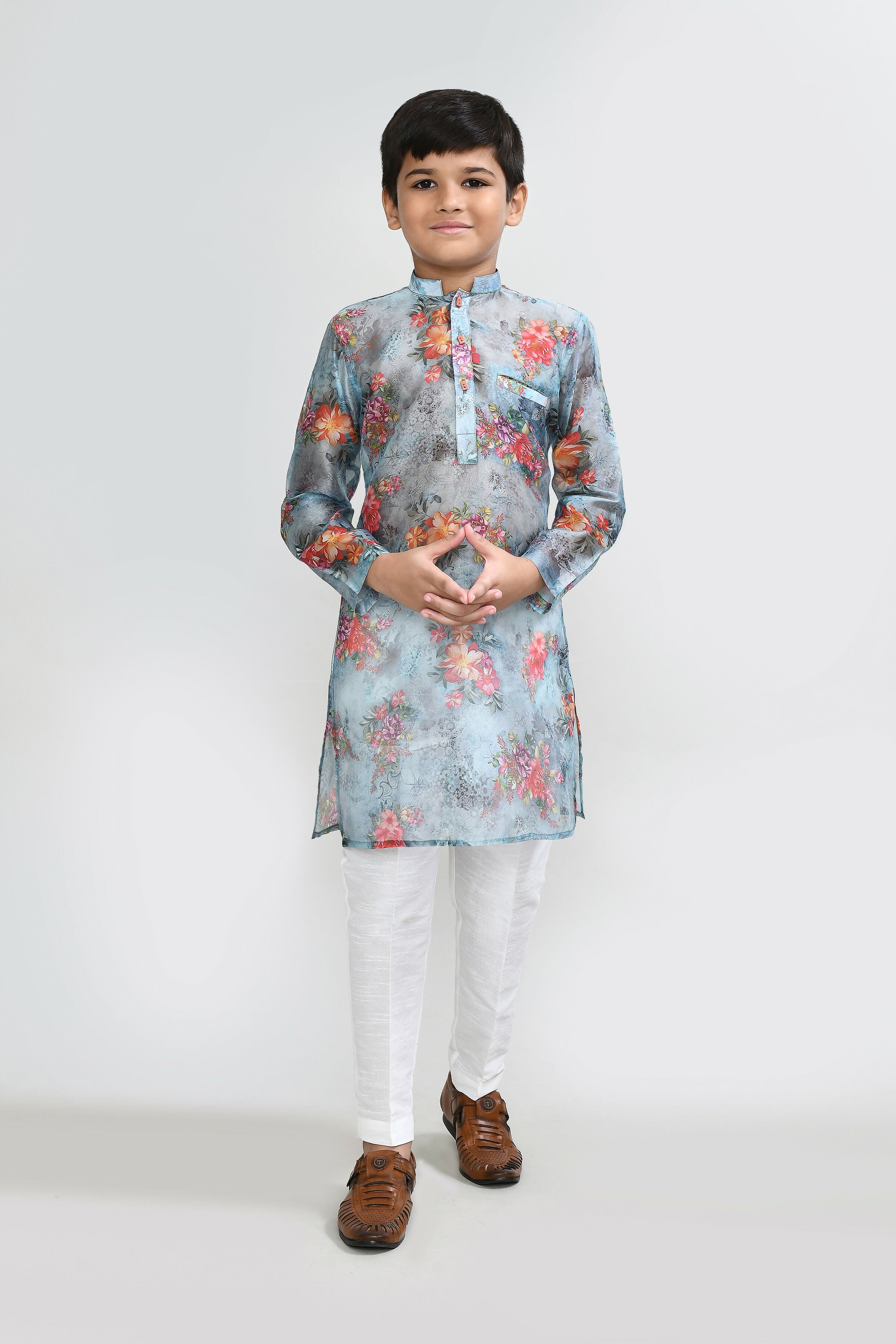 Sea Green Georgette Kurta Set with White Straight Fit Pants
