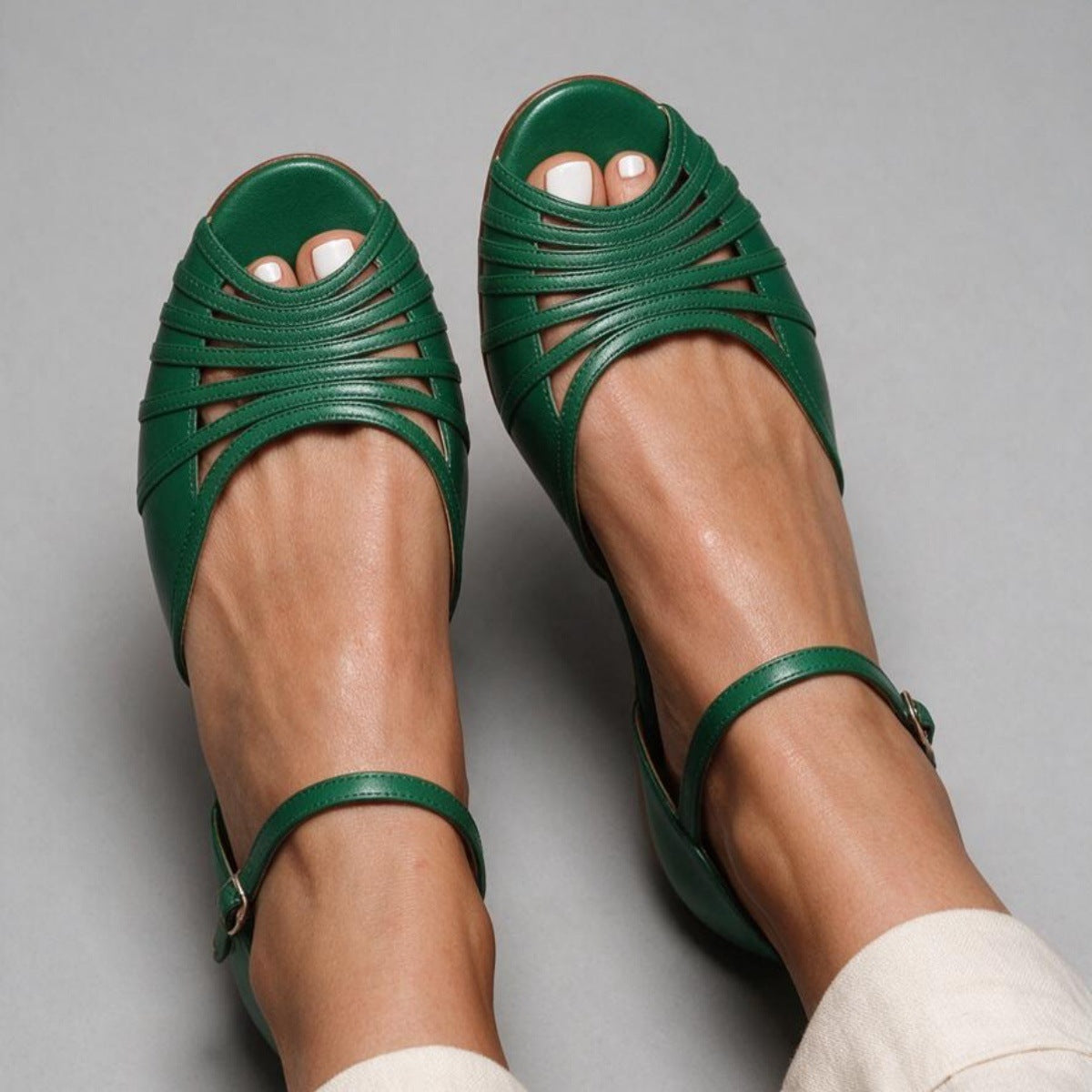Women's Cut-Out Peep-Toe Flat Sandals – Ankle Strap Multi-Strap Summer