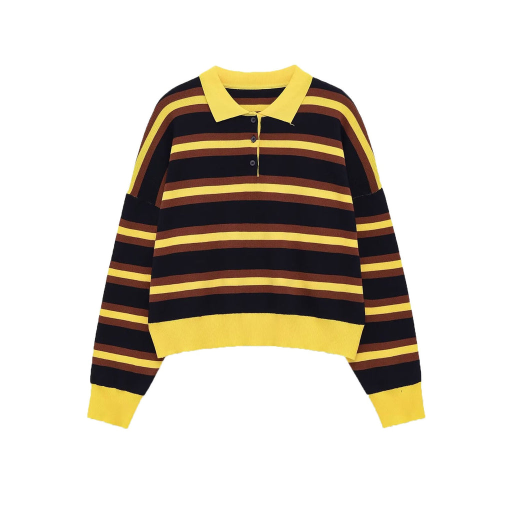 Front view of a yellow, black, and brown striped long sleeve polo neck knit sweater with a three-button placket.
