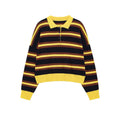 Front view of a yellow, black, and brown striped long sleeve polo neck knit sweater with a three-button placket.