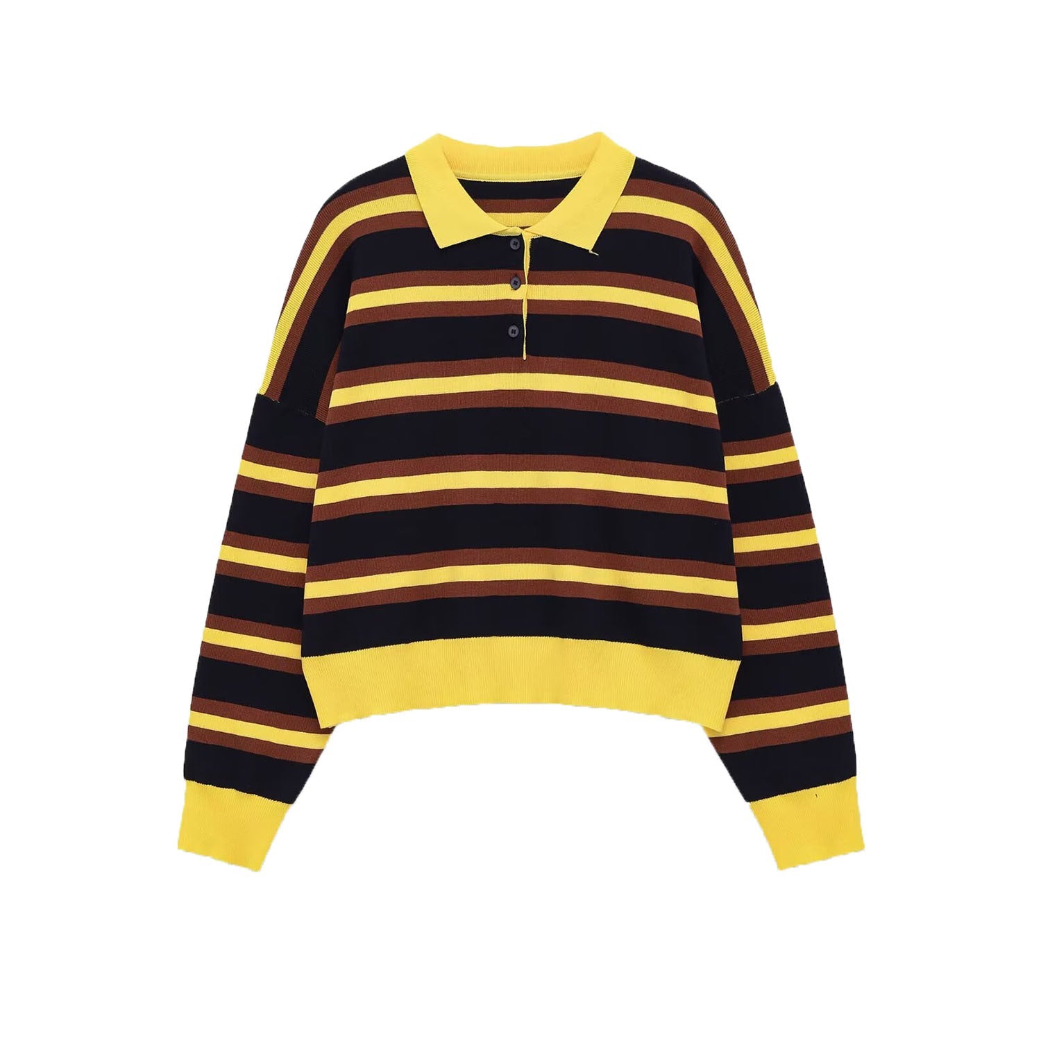 Front view of a yellow, black, and brown striped long sleeve polo neck knit sweater with a three-button placket.