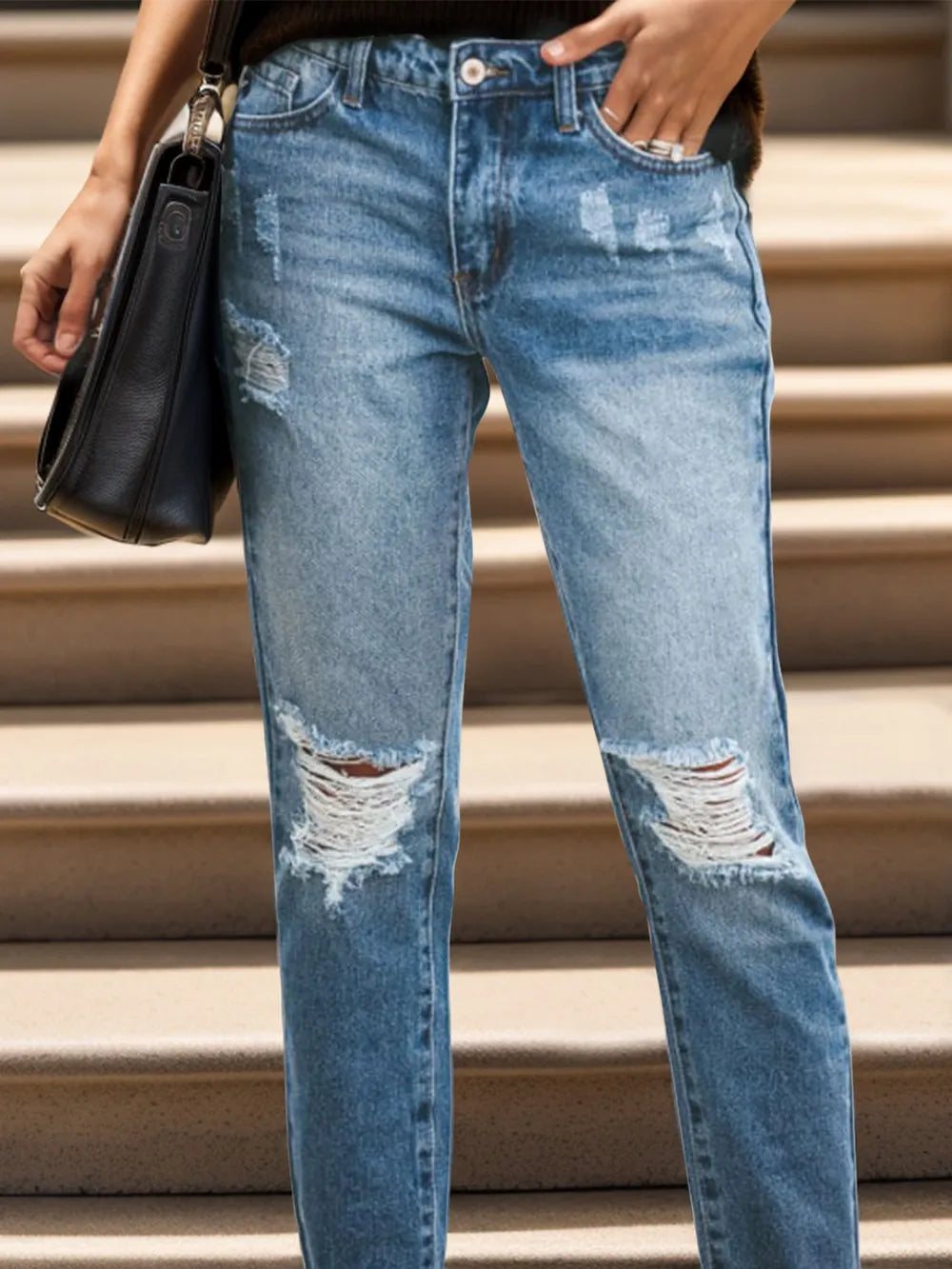 Women's Light Blue Distressed Raw Hem Harajuku Style Jeans - Image 3