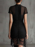 Black Lace Patchwork Slit Midi Dress Slim-Fit High-Waist