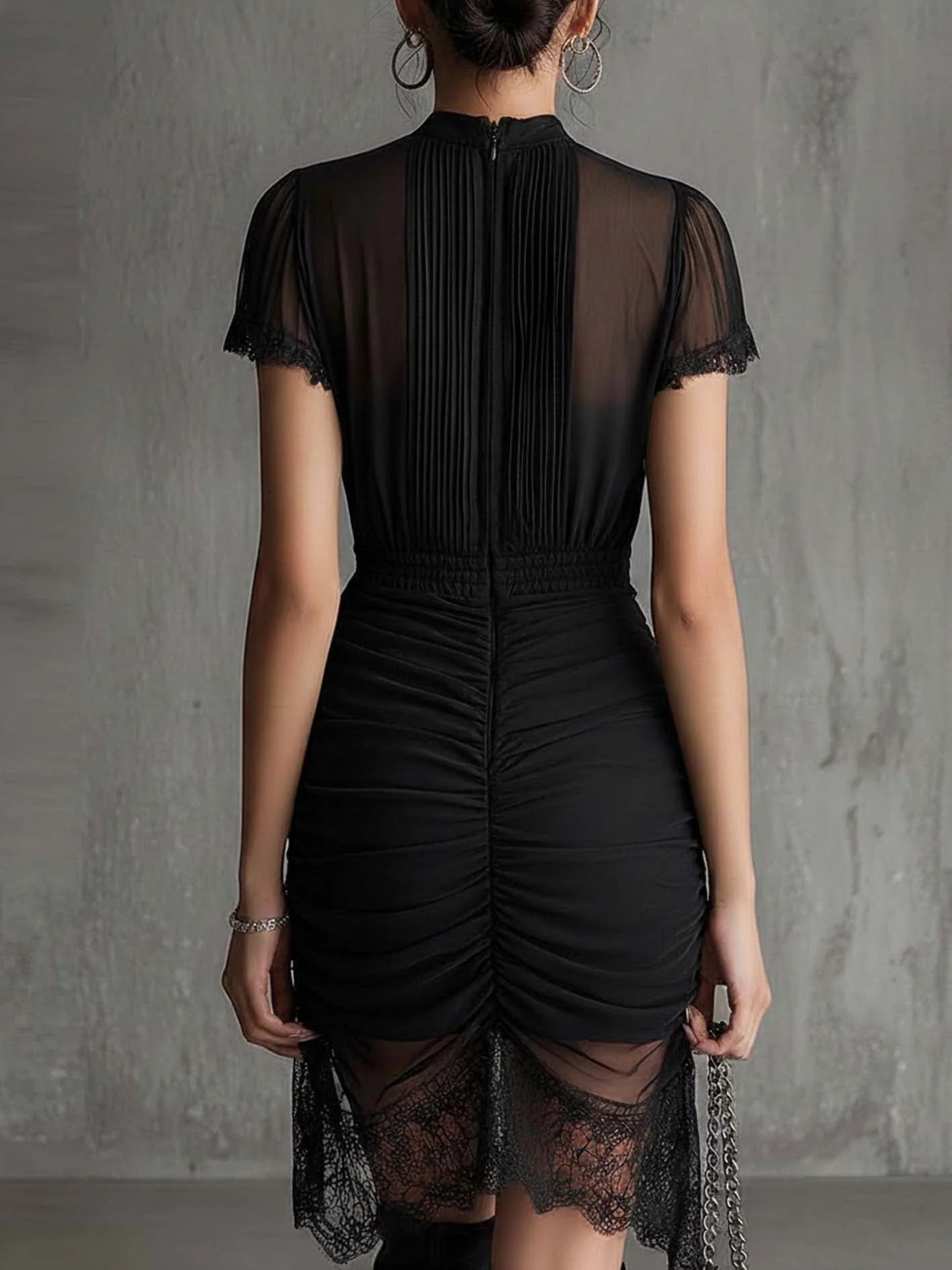 Black Lace Patchwork Slit Midi Dress Slim-Fit High-Waist