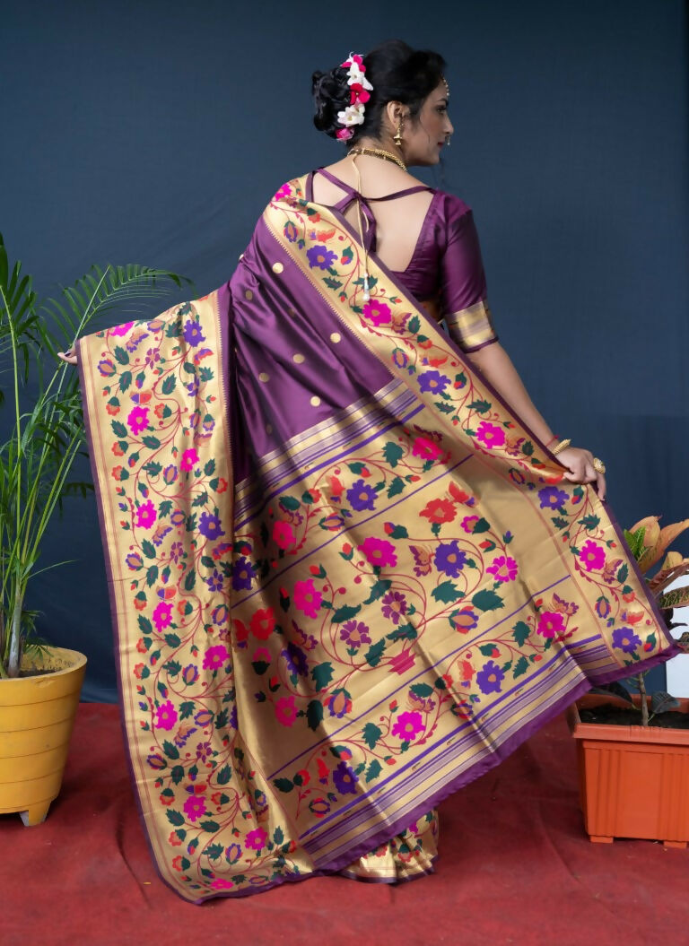 Women's Wine Paithani Silk Saree with Zari Woven Border & Blouse