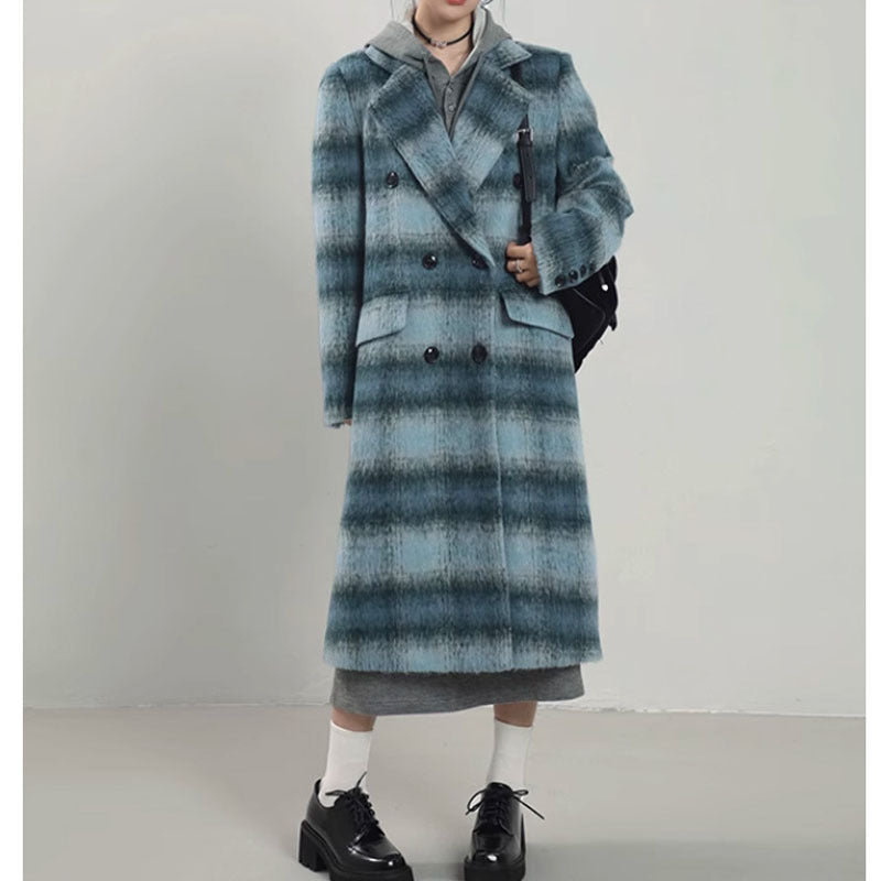 Women's Japanese Style Blue Plaid Woolen Overcoat - Image 2