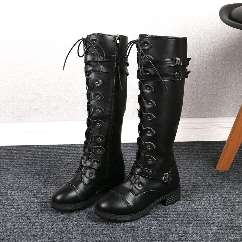 Women's Harajuku Style Knee-High Lace-Up Knight Boots - Image 4