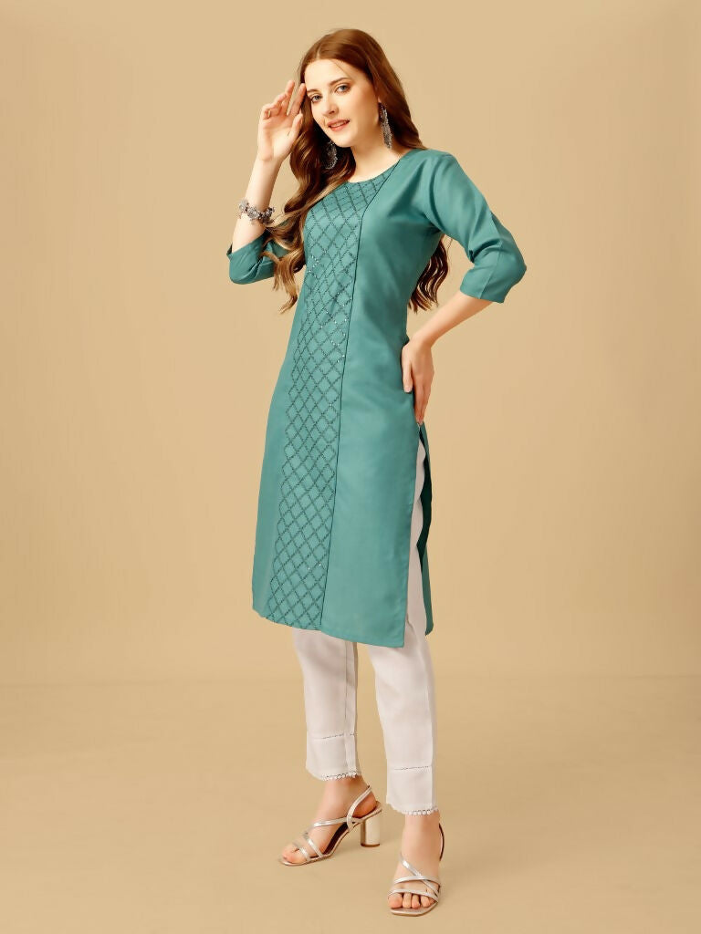 Teal Cotton Blend Embroidered Kurta Pant Set with Sequence Work