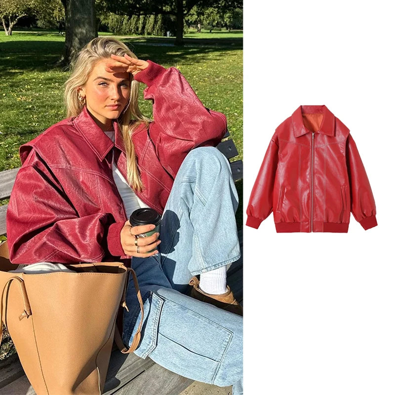 Women's Oversized Red Faux Leather Harajuku Bomber Jacket - Image 5