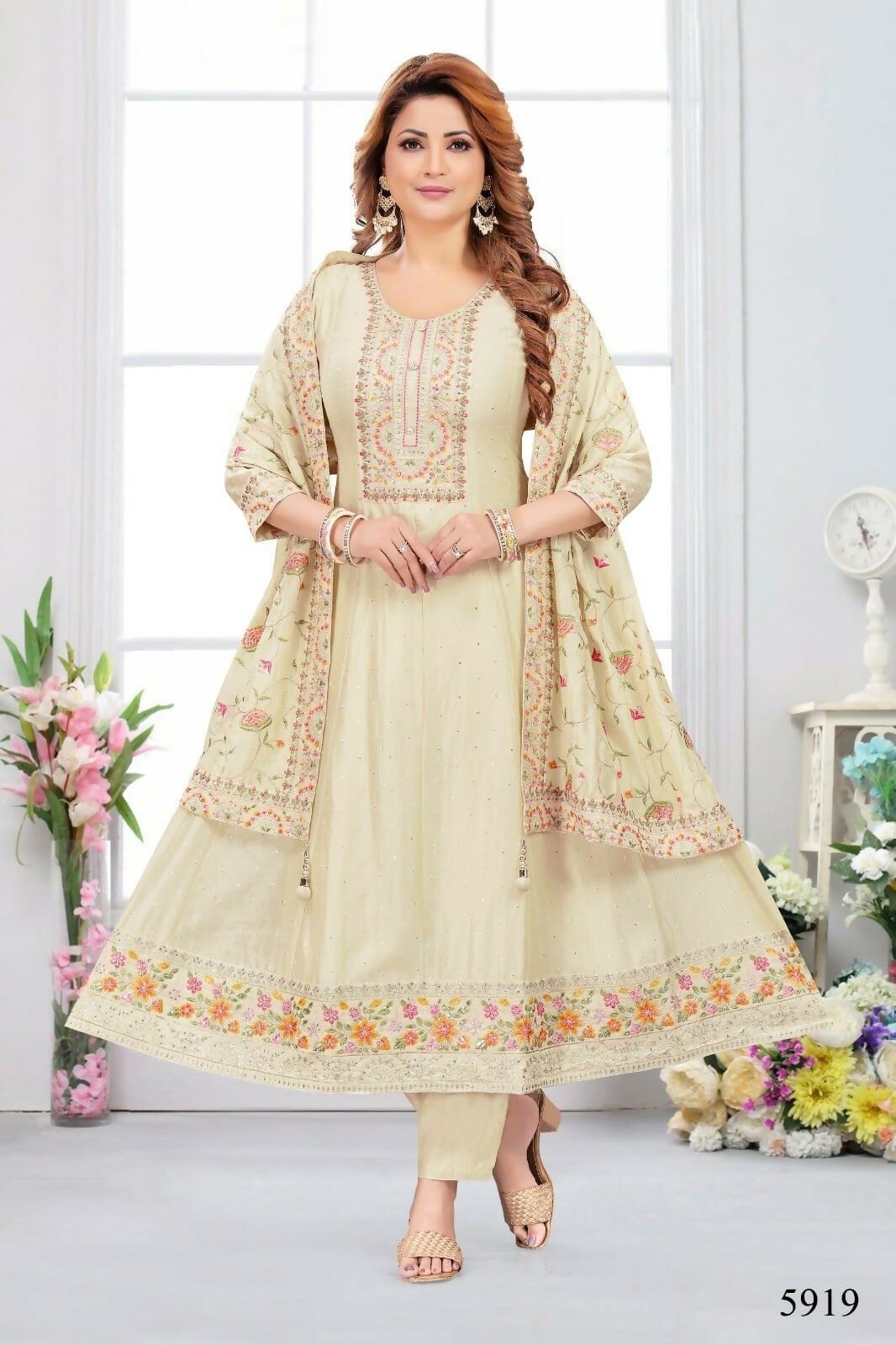 Joban Fashion Chinon Silk Cream Color Kurta Set