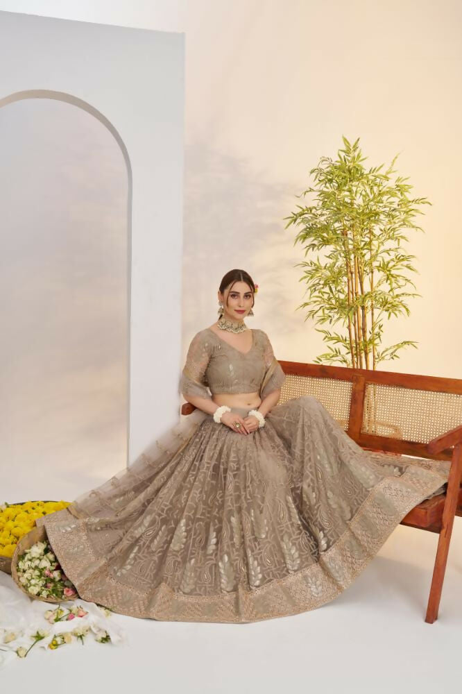 Metallic Gray Butterfly Net Lehenga with Sequence Embroidery