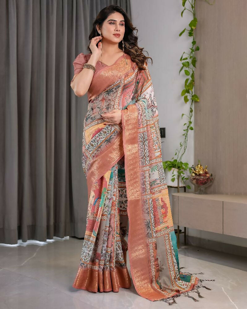 Peach Pure Handloom Linen Saree with Matching Blouse
