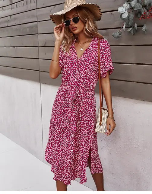 Women's Floral Midi Dress with V Neck and Tie Waist - Image 24