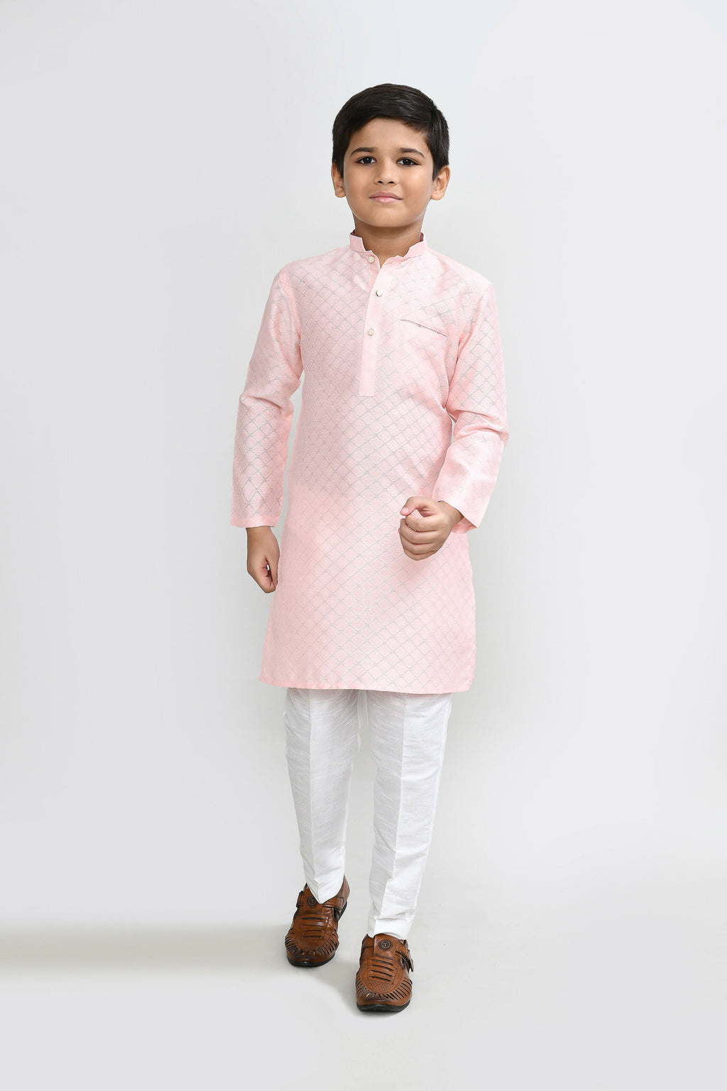 Peach cotton silk kurta with white straight fit pants