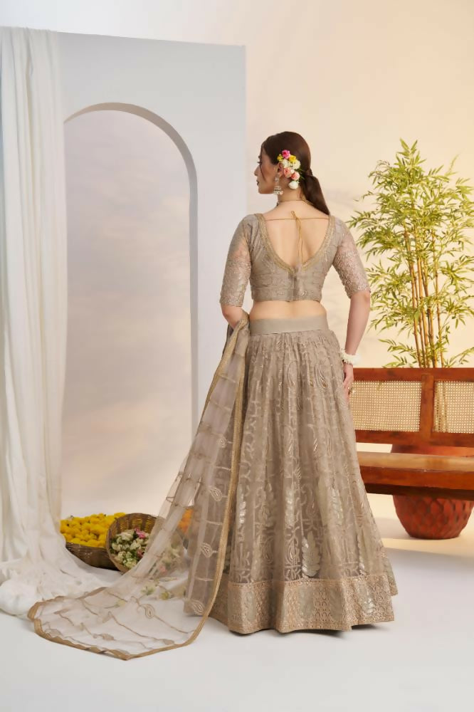 Metallic Gray Butterfly Net Lehenga with Sequence Embroidery