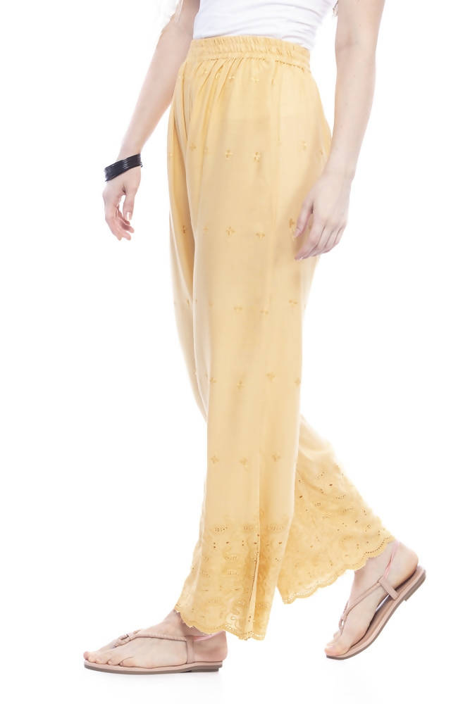 Dark Golden Chikan Embroidery Rayon Cotton Palazzo Pants