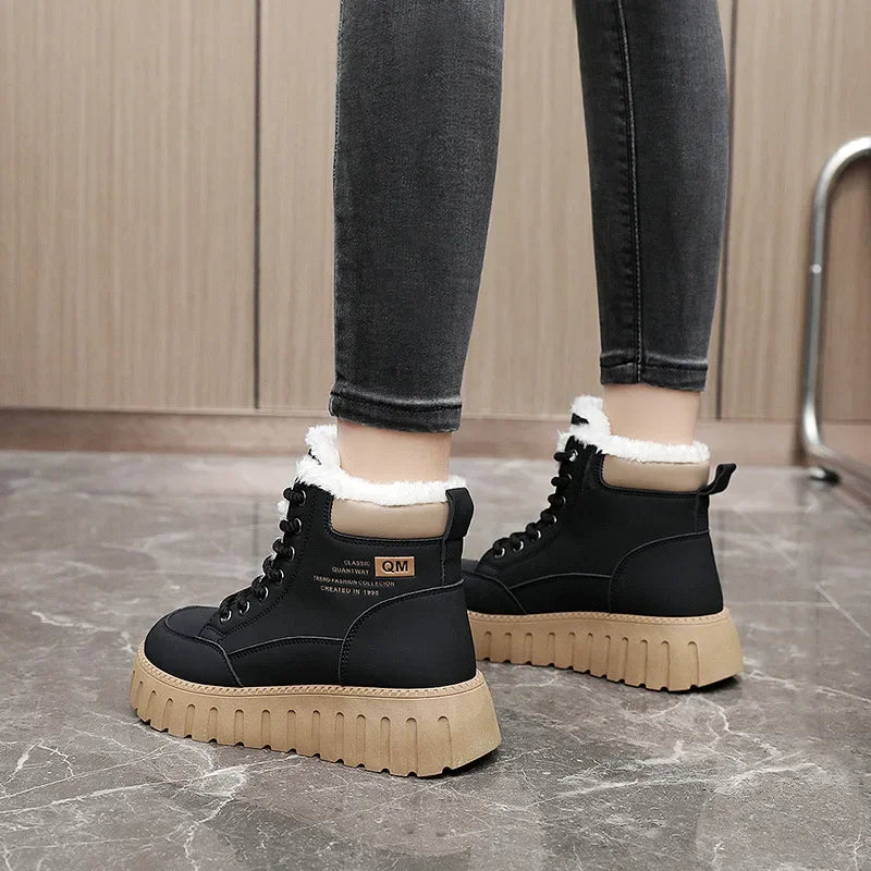 Women's Beige Plush Lined Lace-Up Ankle Boots with Chunky Sole - Image 4