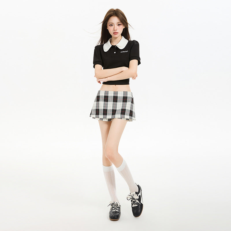 Women's Black White Red Plaid A-Line Mini Skirt Casual Style - Image 3
